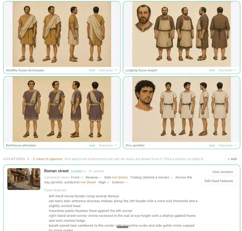 VIA Setup: four character reference sheets and a locked Roman street location with its fixed features