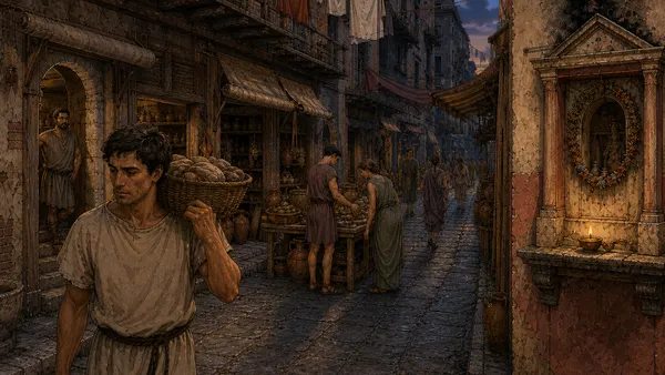 Evening: the same street at dusk with the shrine lit and the stalls closing