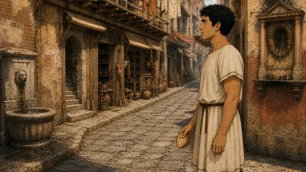 Later in the day: the same street, same fountain, same shrine and doorway, Marcus holding the day’s coins