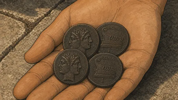 Insert shot: the day’s wage of bronze coins in Marcus’s palm