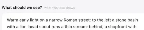 Close-up of a shot description: the Roman street, the fountain, the shrine, the narrator's pose and the camera, all written from the narration